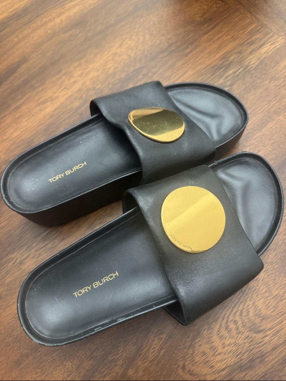 Tory Burch Black Leather Slide Sandals with Gold Discs